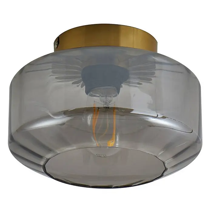 Lindby Deckenleuchte Hildur - L x B x H: 22 x 22 x 15,3 cm, alu / grau / zink, E27 - Deckenleuchte mit Messingsockel und Rauchglas-Schirm, innen eine sichtbare Filamentlampe.