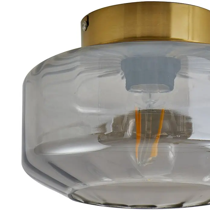 Lindby Deckenleuchte Hildur - L x B x H: 22 x 22 x 15,3 cm, alu / grau / zink, E27 - Deckenleuchte aus Messing mit geripptem Rauchglas und sichtbarer LED-Glühfadenlampe.
