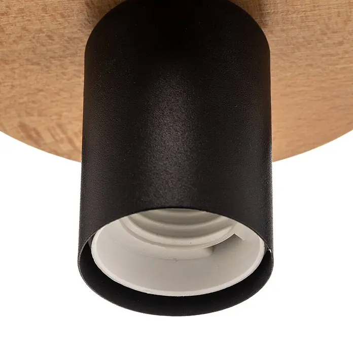 Envostar Deckenleuchte Esan - Holz hell, E27 - Schwarze zylindrische Lampenfassung mit weißer Fassung, befestigt an einer hellen runden Holzbasis.