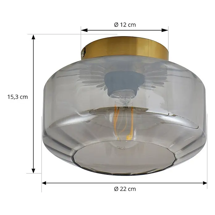Lindby Deckenleuchte Hildur - L x B x H: 22 x 22 x 15,3 cm, alu / grau / zink, E27 - Deckenlampe aus Messing und Rauchglas mit sichtbarer Glühbirne.