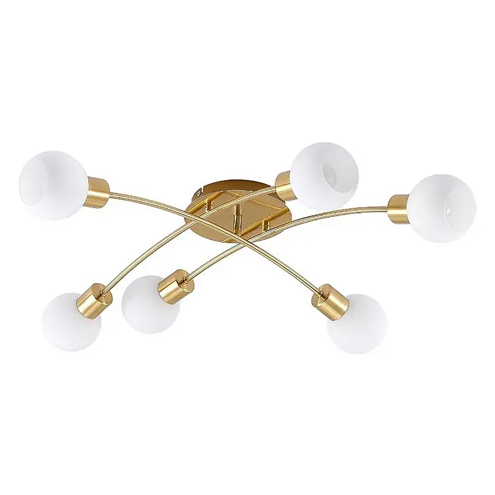 Lindby Deckenleuchte Agmar - L x B x H: 80 x 72 x 18 cm, messing / gold, E14 - Moderne goldene Deckenleuchte mit sechs weißen kugelförmigen Glasschirmen an gebogenen Armen.