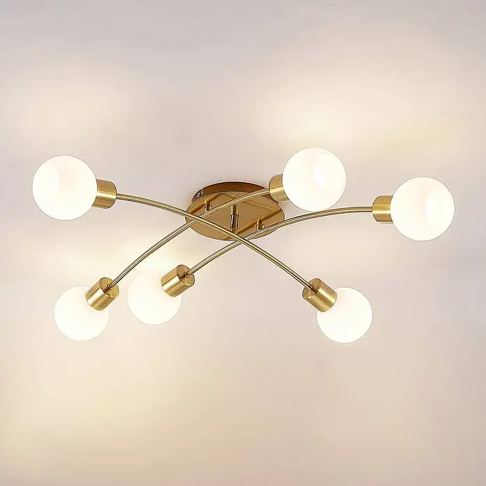 Lindby Deckenleuchte Agmar - L x B x H: 80 x 72 x 18 cm, messing / gold, E14 - Goldfarbene Deckenleuchte mit sechs kugelförmigen weißen Opalglasbirnen auf geschwungenen Armen.