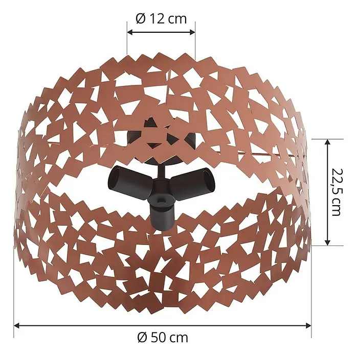 Lucande Deckenleuchte Aeloria - L x B x H: 50 x 50 x 21,6 cm, kupfer, E27 - Kupferfarbene Deckenleuchte aus perforiertem Metall mit drei schwarzen Lampenfassungen, Ø 50 cm, H 22,5 cm.