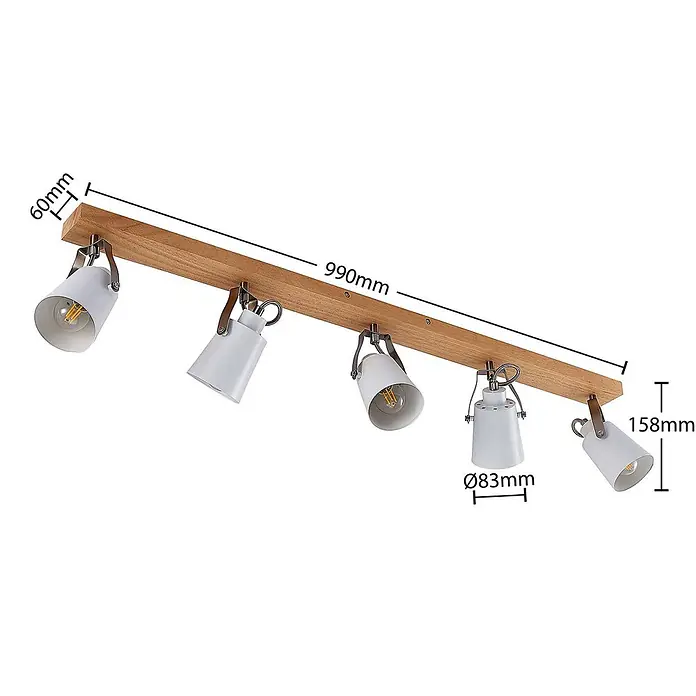 Lindby Deckenleuchte Blana - Holz hell, E14 - Deckenleuchte aus Holz mit fünf weißen Metallstrahlern. Länge 990mm, Strahler Ø83mm, Höhe 158mm.