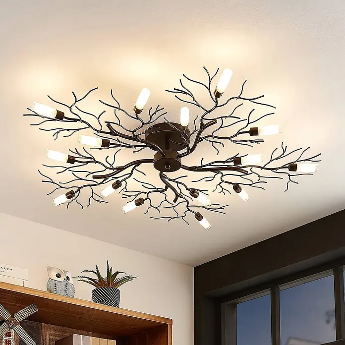 Lindby Deckenleuchte Bigna - L x B x H: 98 x 98 x 12,5 cm, braun / rost, G9 - Deckenleuchte aus dunklem Metall in Astform mit mehreren Röhrenlampen.