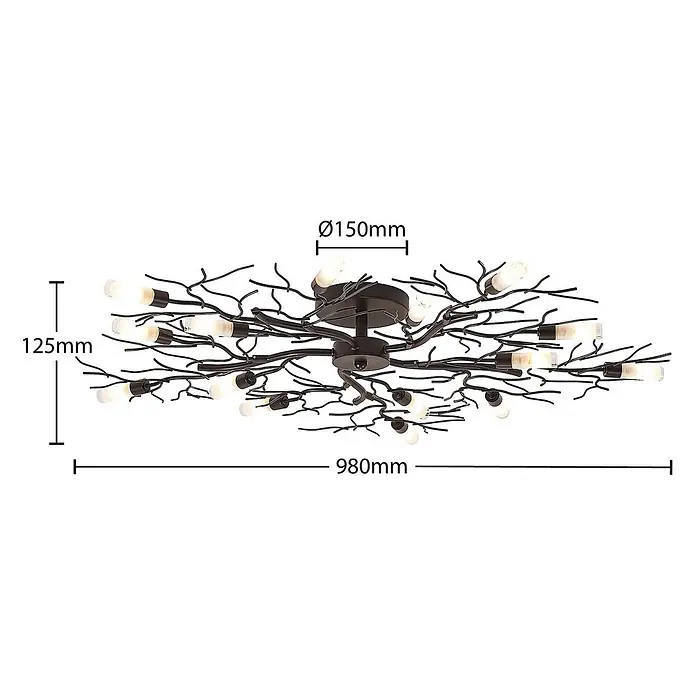 Lindby Deckenleuchte Bigna - L x B x H: 98 x 98 x 12,5 cm, braun / rost, G9 - Schwarze Metall-Deckenleuchte im Ast-Design mit mehreren kleinen Glühbirnen. 980mm breit, 125mm hoch.