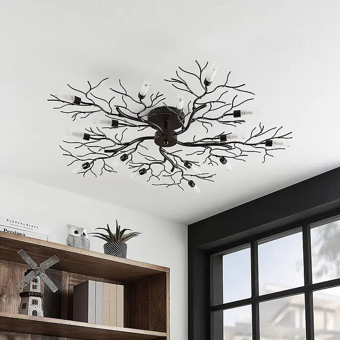 Lindby Deckenleuchte Bigna - L x B x H: 98 x 98 x 12,5 cm, braun / rost, G9 - Schwarze Deckenleuchte aus Metall in Ast-Optik mit vielen kleinen Glühbirnen.
