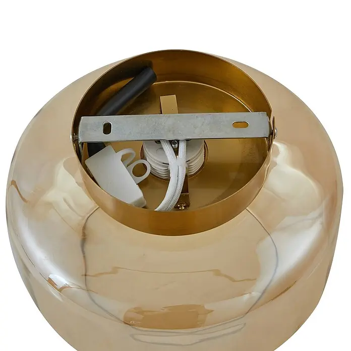 Lindby Deckenleuchte Hildur - L x B x H: 22 x 22 x 15,3 cm, creme / amber, E27 - Innenansicht einer Leuchte: goldener Glasschirm, Metallhalterung, weiße Verkabelung und Fassung.