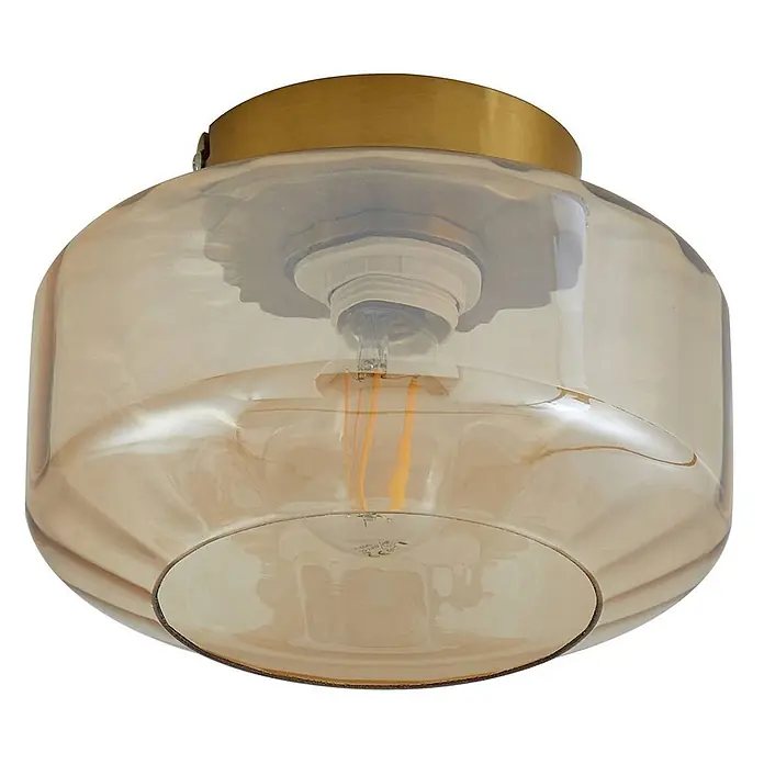 Lindby Deckenleuchte Hildur - L x B x H: 22 x 22 x 15,3 cm, creme / amber, E27 - Deckenleuchte aus Messing mit bernsteinfarbenem Glasschirm und sichtbarer Glühbirne.