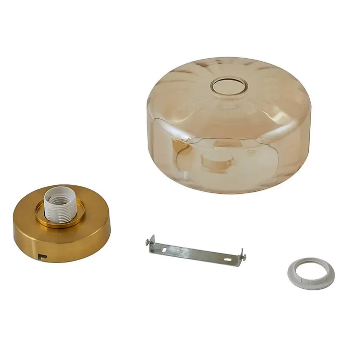 Lindby Deckenleuchte Hildur - L x B x H: 22 x 22 x 15,3 cm, creme / amber, E27 - Leuchtenbestandteile: goldene Deckenrosette mit E27-Fassung, bernsteinfarbener Glasschirm, Montagebügel und weißer Ring.