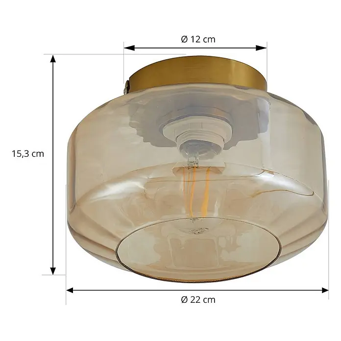 Lindby Deckenleuchte Hildur - L x B x H: 22 x 22 x 15,3 cm, creme / amber, E27 - Deckenlampe mit Messingsockel und bernsteinfarbenem Glasschirm.