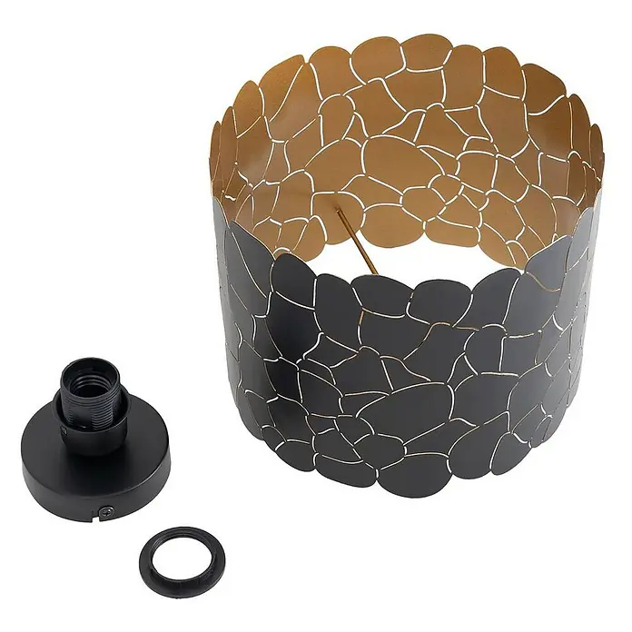 Lindby Deckenleuchte Aralena - L x B x H: 26 x 26 x 22 cm, schwarz, E27 - Schwarzer und goldener Metalllampenschirm mit organischem Ausschnittmuster und schwarzer Lampenfassung.