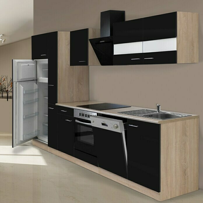 Respekta Composición de cocina (Ancho: 310 cm, Con dispositivos eléctricos, Negro)