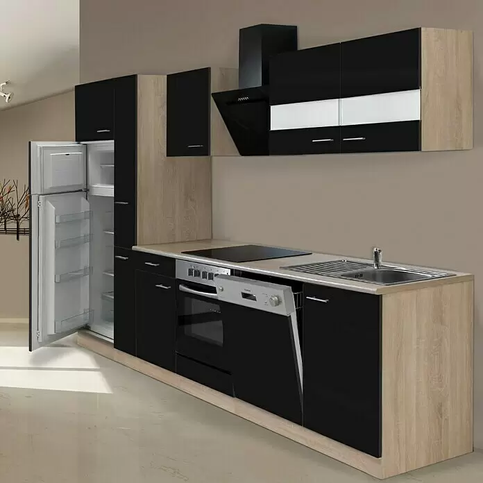 Respekta Composición de cocina Merle - Ancho: 310 cm, Negro, Con electrodomésticos, Volumen horno: 72 l - Mueble de cocina moderno con frentes negros brillantes y paneles de madera clara, con horno, placa, fregadero, lavavajillas y frigorífico integrados.