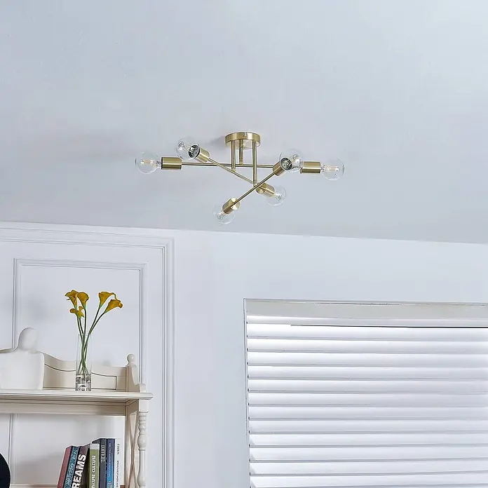 Lindby Deckenleuchte Aloria - messing / gold, E27 - Eine moderne, goldene Deckenleuchte mit sechs sichtbaren Glühbirnen im Sputnik-Stil.
