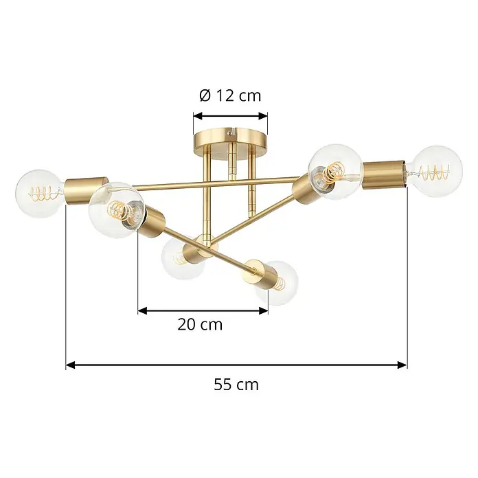 Lindby Deckenleuchte Aloria - messing / gold, E27 - Goldfarbene Deckenleuchte mit mehreren Armen und sichtbaren Glühbirnen. Modernes Design, 55 cm breit.