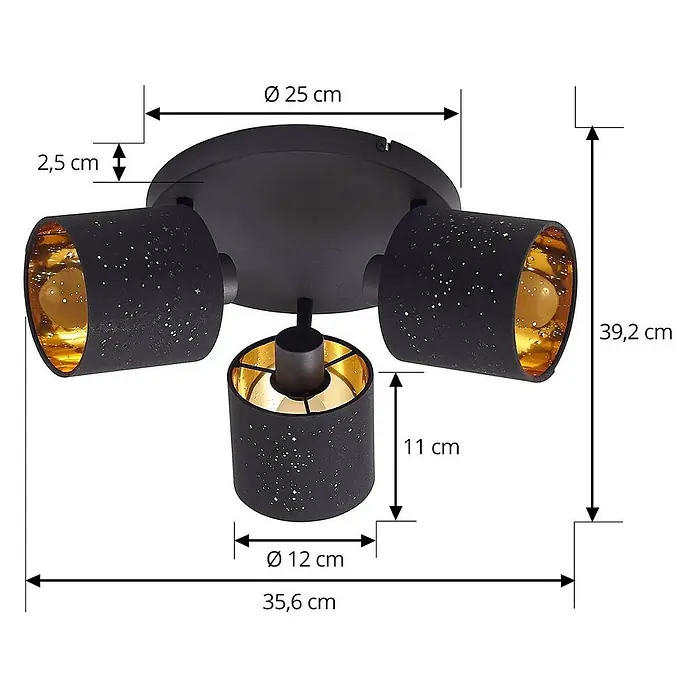 Lindby Deckenleuchte Vasilia - L x B x H: 40 x 35 x 21,5 cm, schwarz, schwarz, E14 - Schwarze dreiflammige Deckenleuchte mit goldener Innenseite und gesprenkeltem Design.