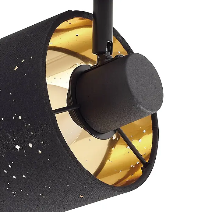Lindby Deckenleuchte Vasilia - L x B x H: 40 x 35 x 21,5 cm, schwarz, schwarz, E14 - Schwarzer Stromschienenstrahler mit zylindrischem, sternperforiertem Stoffschirm und goldener Innenseite.