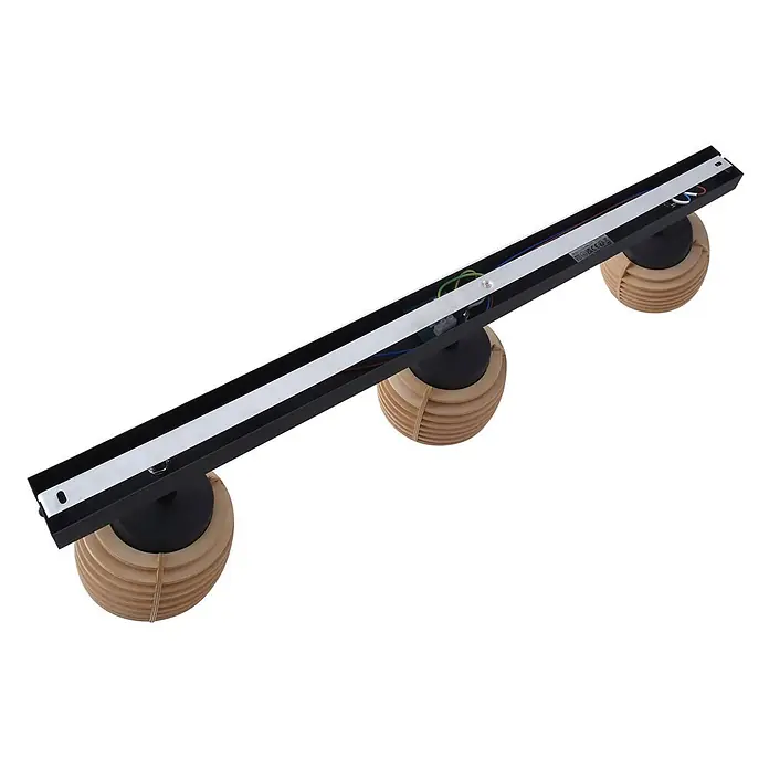 Lindby Deckenleuchte Ediz - schwarz, Holz hell, GU10 - Schwarze lineare Deckenleuchte mit drei kugelförmigen Strahlern aus Naturholzlatten.