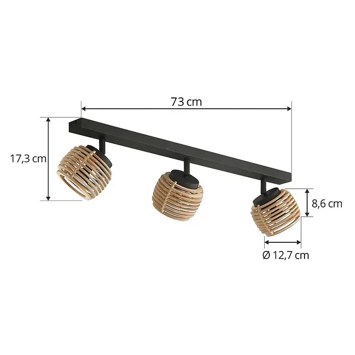 Lindby Deckenleuchte Ediz - schwarz, Holz hell, GU10 - Schwarze Metall-Spotlight-Schiene mit drei hellbeigen Holzgitter-Spots, 73 cm lang.