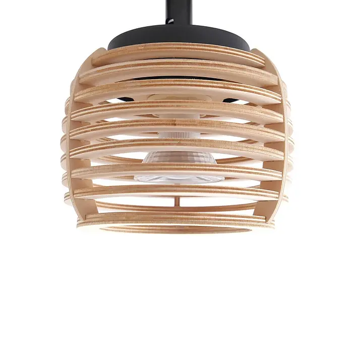 Lindby Deckenleuchte Ediz - schwarz, Holz hell, GU10 - Eine moderne Pendelleuchte mit lamelliertem Holzschirm und schwarzem Metalloberteil, mit sichtbarer Glühbirne.