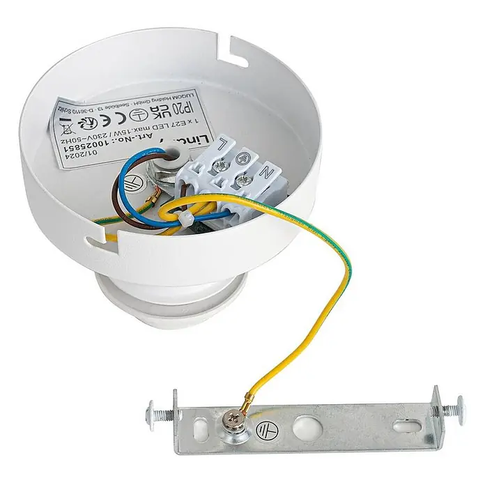 Lindby Deckenleuchte Aralena - weiß / opal, E27 - Weißes Deckenleuchtenbauteil mit E27-Fassung, Klemmenblock, Verkabelung und Metall-Montagebügel für den Elektroanschluss.