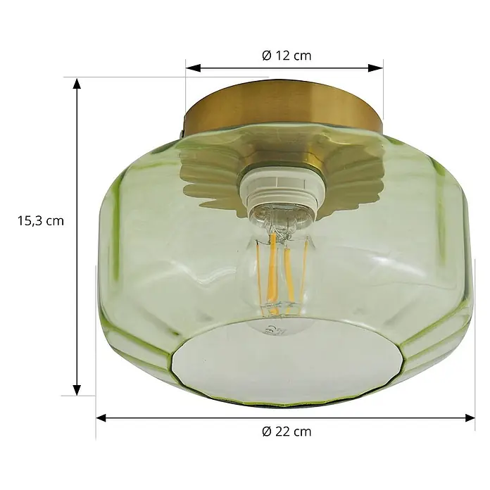 Lindby Deckenleuchte Hildur - grün, E27 - Grüne Deckenleuchte aus Glas mit messingfarbenem Fuß und sichtbarer LED-Birne, Maße angegeben.