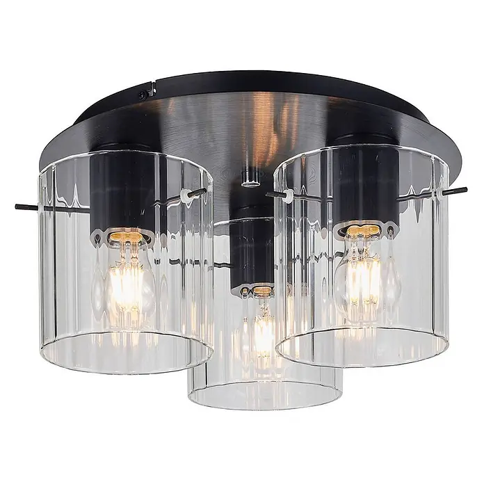 Lucande Deckenleuchte Eirian - L x B x H: 35 x 35 x 20 cm, schwarz, klar / transparent, E27 - Deckenleuchte aus schwarzem Metall mit drei gerippten Glasschirmen und glühenden Filamentbirnen.