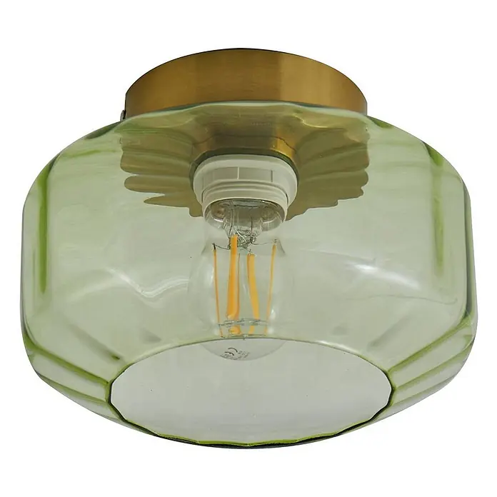 Lindby Deckenleuchte Hildur - grün, E27 - Grüne facettierte Glas-Deckenleuchte mit Messingfuß und sichtbarer LED-Birne.