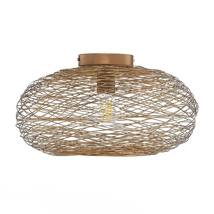 Lindby Deckenleuchte Kaviya - messing / gold, E27 - Goldene Deckenleuchte mit Drahtgeflecht und sichtbarer LED-Birne.