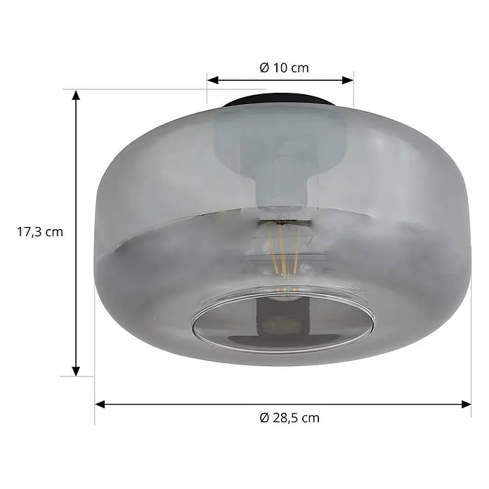Lindby Deckenleuchte Hildur - alu / grau / zink, E27 - Deckenleuchte aus Rauchglas mit schwarzem Sockel, Ø 28,5 cm, Höhe 17,3 cm.
