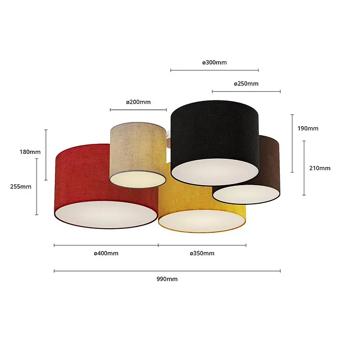 Lindby Deckenleuchte Laurenz - L x B x H: 93 x 93 x 25,5 cm, Multicolour, E27 - Mehrfarbige Stoff-Deckenleuchte mit fünf zylindrischen Schirmen in verschiedenen Größen (rot, beige, schwarz, gelb, braun).