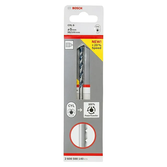 Bosch Beton- & Steinbohrer CYL-5 - Durchmesser Bohrer: 5 mm, 1 Stk., Arbeitslänge: 100 mm - Bild einer CYL-5 Ø5mm 50/100 mm Betonbohrer-Verpackung von Bosch mit der Aufschrift "NEU! +20% Geschwindigkeit".