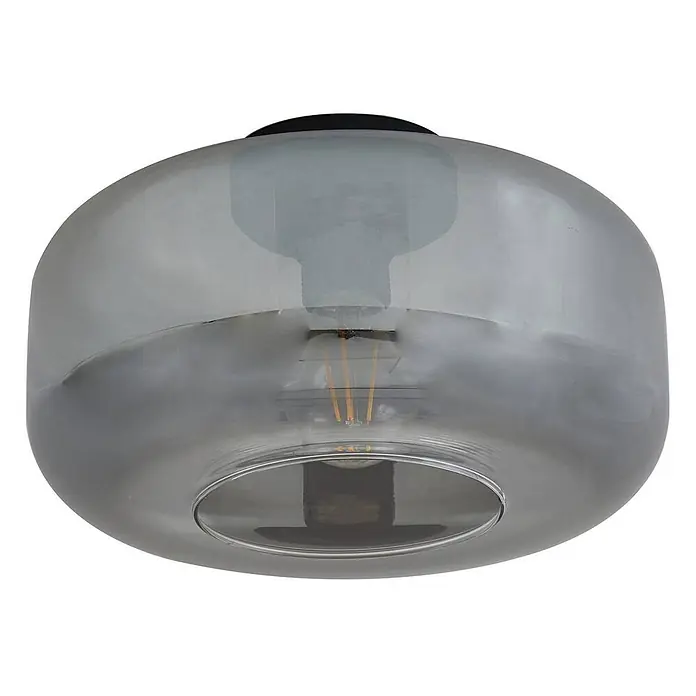 Lindby Deckenleuchte Hildur - alu / grau / zink, E27 - Runde Deckenleuchte aus Rauchglas mit sichtbarer Filament-LED-Birne und schwarzer Basis.