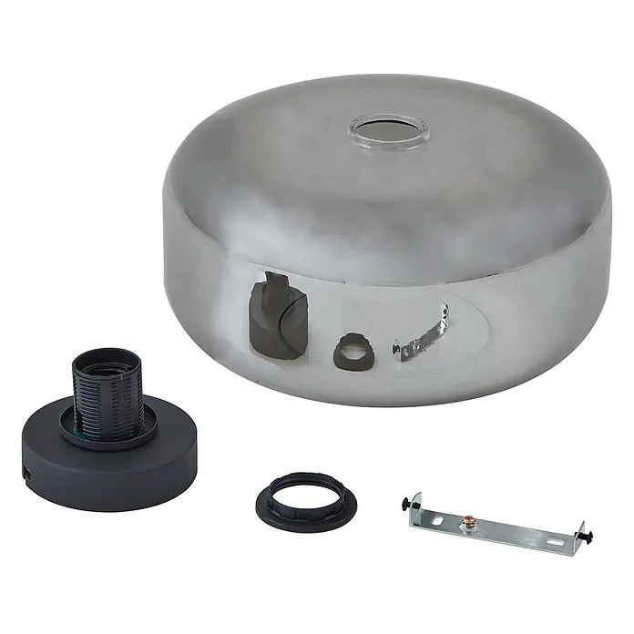Lindby Deckenleuchte Hildur - alu / grau / zink, E27 - Komponenten für eine Deckenleuchte: metallische Kuppelhaube, schwarze Lampenfassungen und Metall-Montageteile.