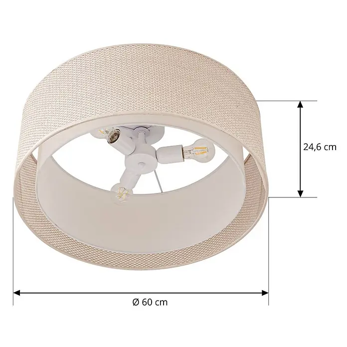 Lindby Deckenleuchte Soula - creme / amber, E27 - Beigefarbene Stoff-Deckenlampe mit drei Glühbirnen innen. Maße: Ø 60 cm, Höhe 24,6 cm.
