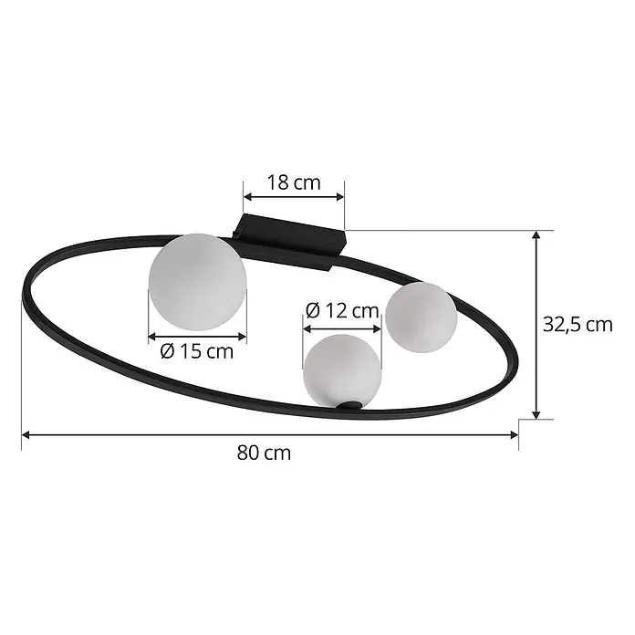 Lucande Deckenleuchte Kulka - L x B x H: 80 x 14,5 x 32,5 cm, schwarz, G9 - Schwarze ovale Deckenleuchte, 80x32,5 cm, mit einer Ø15 cm und zwei Ø12 cm weißen Kugellampen.