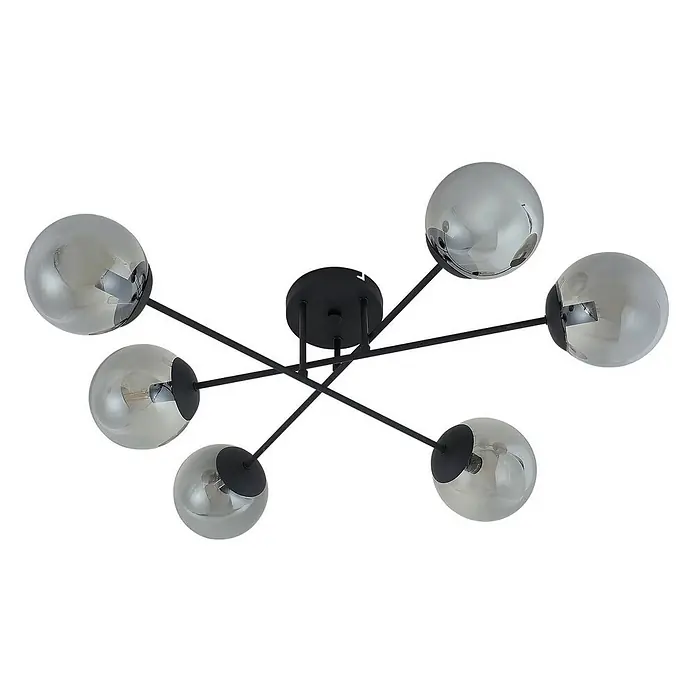 Lindby Deckenlampe in rauchgrau transparent, schwarz, Deckenleuchte -  - Moderne schwarze Deckenleuchte mit sechs Rauchglas-Kugelschirmen.