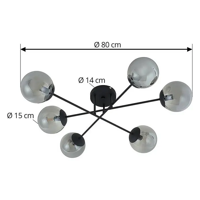 Lindby Deckenlampe in rauchgrau transparent, schwarz, Deckenleuchte -  - Schwarze Deckenleuchte mit sechs Armen und Rauchglas-Kugeln. Durchmesser 80 cm.