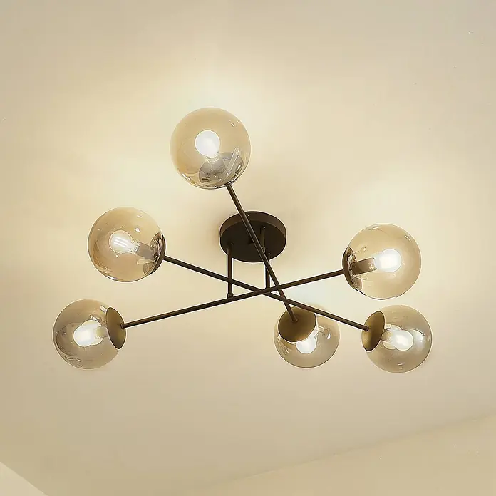 Lindby Deckenlampe in rauchgrau transparent, schwarz, Deckenleuchte -  - Moderne schwarze und bronzefarbene Deckenleuchte mit sechs bernsteinfarbenen Glaskugeln.
