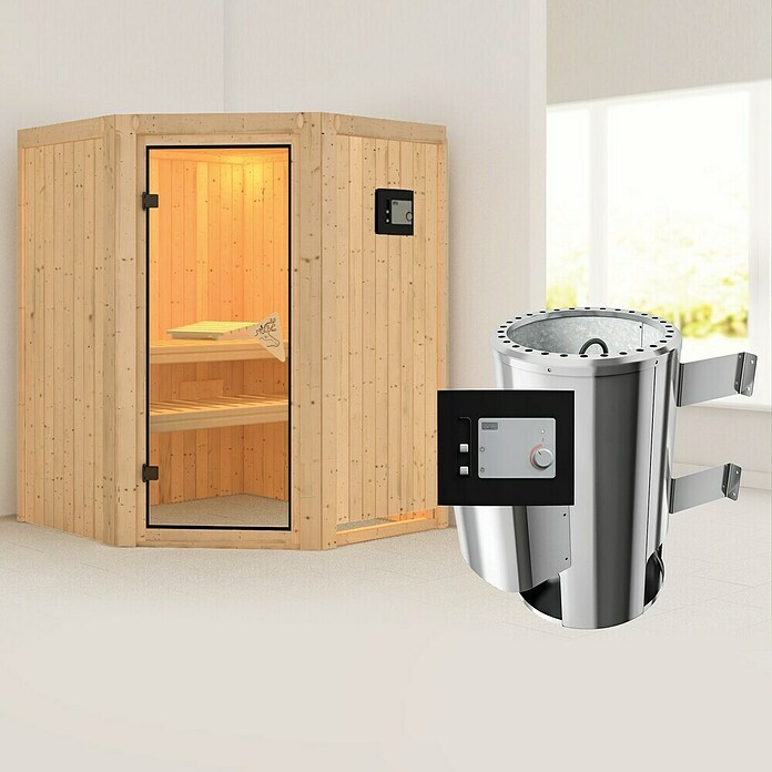 Karibu Nanja (Mit Plug & Play Ofen 3,6 kW inkl. Steuerung Modern, Ohne Dachkranz, 151 x 151 x 198 cm)