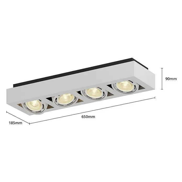Arcchio Deckenleuchte Ronka - weiß / opal, weiß / opal, GU10 - Weißes, rechteckiges LED-Aufbaustrahlergehäuse mit vier integrierten Leuchten.