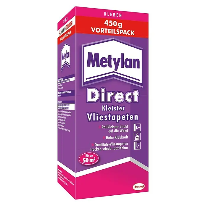 Metylan Tapetenkleister Vlieskleister Direct - 450 g - Abbildung der Metyylan Direct Vliestapeten Kleisterpackung mit 450g Inhalt. Ideal für Rollkleisteranwendungen direkt an der Wand.