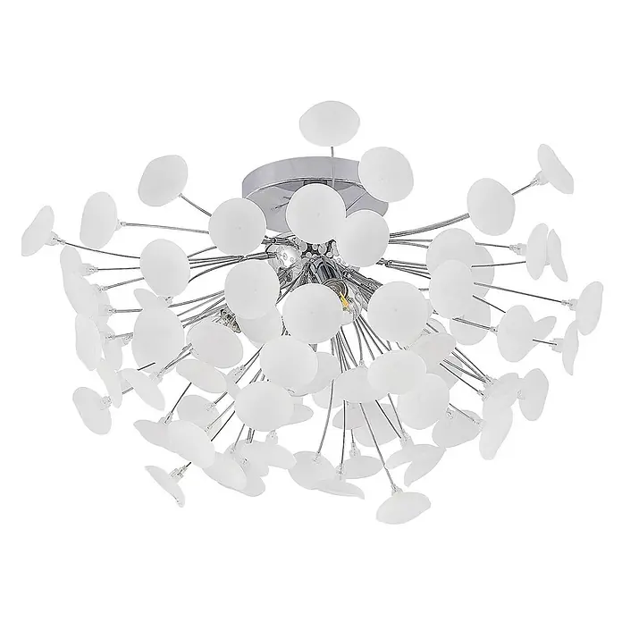 Lindby Deckenleuchte Yurina - chrom / silber, weiß / opal, E14 - Moderne Deckenleuchte mit weißen, mattierten Scheiben- und Kugel-Schirmen an Chromarmen, die von einem zentralen Sockel ausgehen.