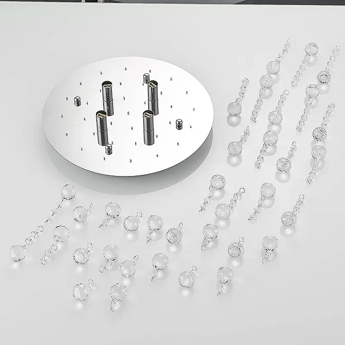 Lindby Deckenleuchte Antonino - chrom / silber, klar / transparent, G9 - Kronleuchter-Komponenten: eine runde Chrombasis mit Lampenfassungen und facettierten klaren Kristallen zum Aufhängen.