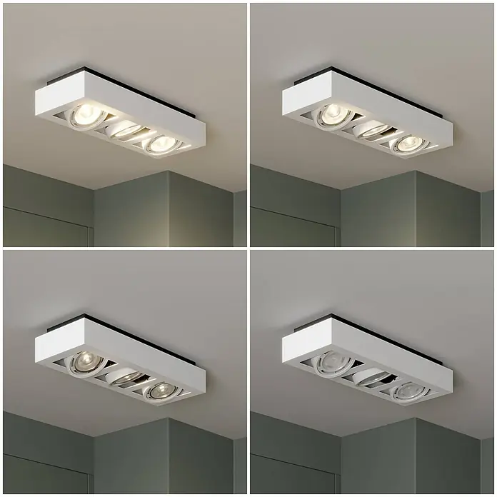 Arcchio Deckenleuchte Ronka - weiß / opal, weiß / opal, GU10 - Weißer rechteckiger Deckenstrahler mit schwarzer Basis und drei verstellbaren Lichtquellen, an einer Decke montiert.