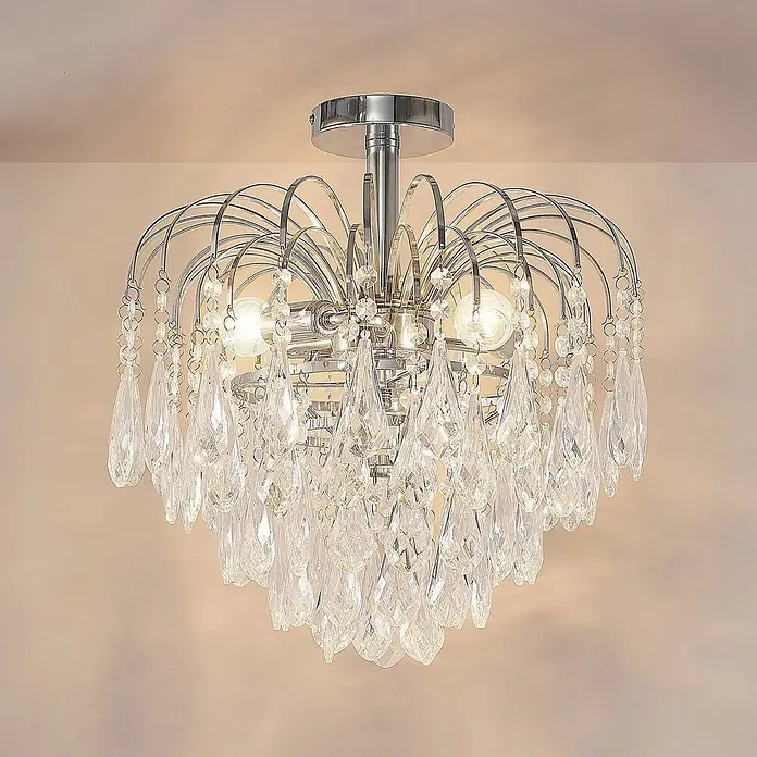 Lindby Deckenleuchte Silino - L x B x H: 40 x 40 x 40 cm, chrom / silber, chrom / silber, E14 - Verchromte Deckenleuchte mit klaren Kristalltropfenanhängern und mehreren Glühbirnen.