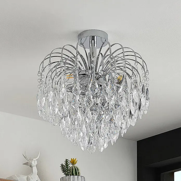 Lindby Deckenleuchte Silino - L x B x H: 40 x 40 x 40 cm, chrom / silber, chrom / silber, E14 - Verchromter Deckenleuchter mit zahlreichen klaren Kristalltropfen.