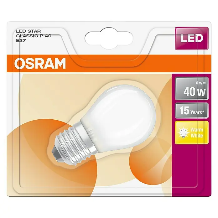 Osram LED-Lampe Retrofit Classic P - E27, Nicht Dimmbar, Warmweiß, 470 lm, 5 W - Abbildung einer OSRAM LED STAR Classic P 40 E27 Lampe, die energieeffiziente Beleuchtung mit einer warmweißen Lichtfarbe bietet.