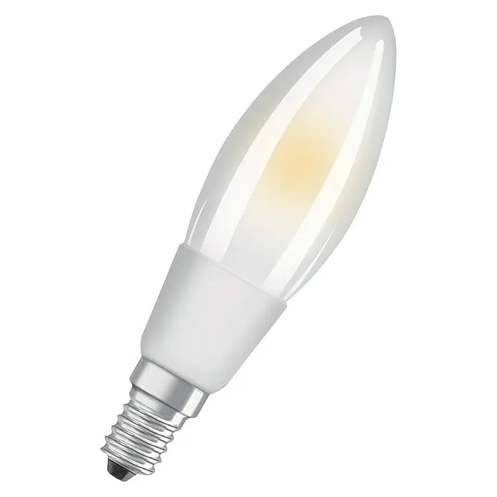 Osram LED-Lampe Kerzenform E14 matt - E14, Dimmbar, Warmweiß, 470 lm, 5 W, Matt - Abbildung einer matten LED-Kerzenlampe mit E14-Sockel. Das Leuchtmittel ist weiß und gibt ein warmes Licht ab.